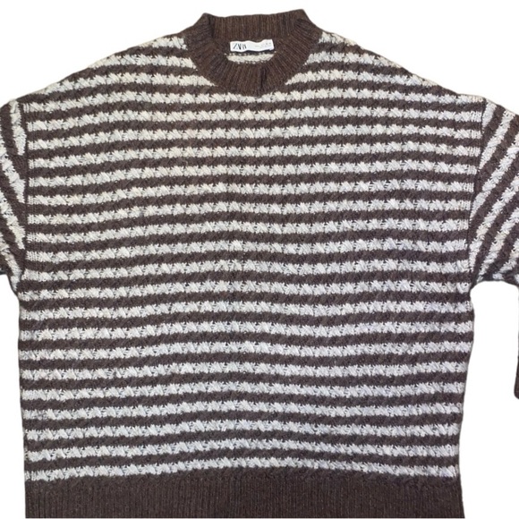 ZARA Brown and White Striped Oversized Slouchy Cozy Crewneck Knit Sweater Large - Picture 11 of 15